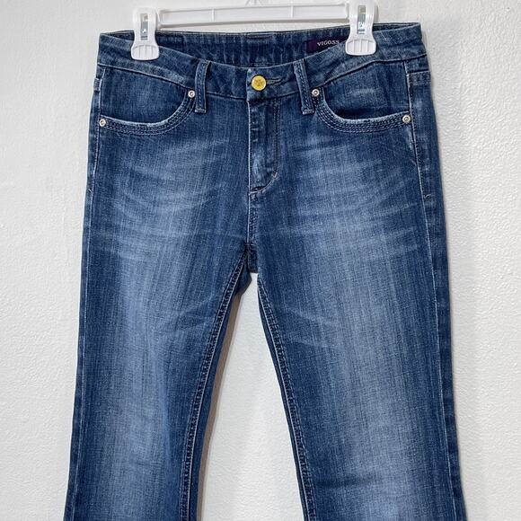Vigoss Jeans Juniors 7 Flare Blue Stretch Denim Button Back Wide Cuff Distressed - Picture 3 of 10
